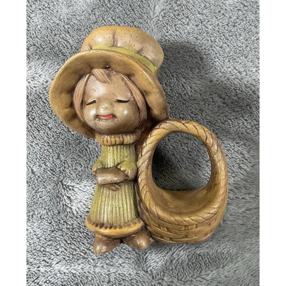 Vintage Ceramic Boy(6) & Girl(4) Napkin Rings Set Of 10 Green Brown Farmhouse